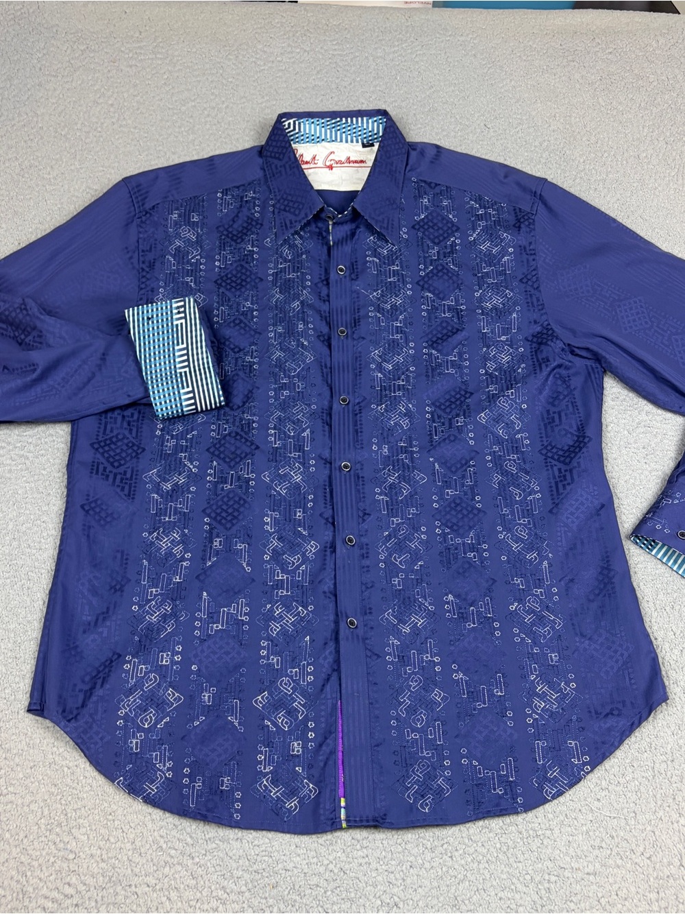 Robert Graham Shirt Men’s XL Navy Blue Embroidered Button-Up Contrast Flip Cuff